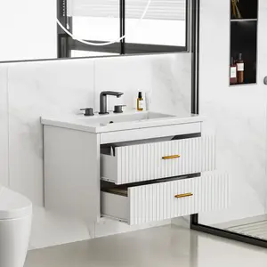 Bathroom Vanity with Sink, Floating Wall Mounted Bathroom Storage Cabinet with 2 Soft-Close Drawers & Gold Handles, Modern Vanity Cabinet, Water-Resistant Resin Basin, Space-Saving, Complete Vanity Set