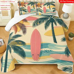 3pcs, 2D flat print Tropical Surfboard Palm Tree Quilted Bedspread Set multiple sizes available, bedding set, festive decorative bedding, ideal for bedroom décor(1 bedspread , 2 pillowcase)