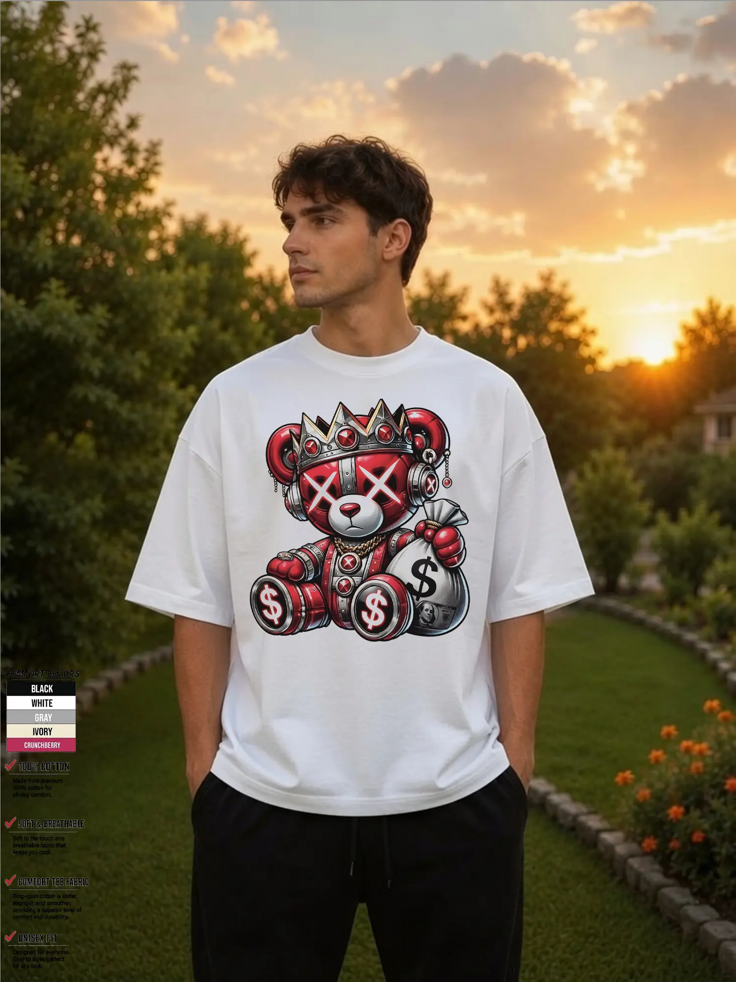 Money Bear PNG | King Teddy Clipart with Crown and Cash | Gangsta Bear Holding Bag | Urban Rich Design | Sublimation PNG