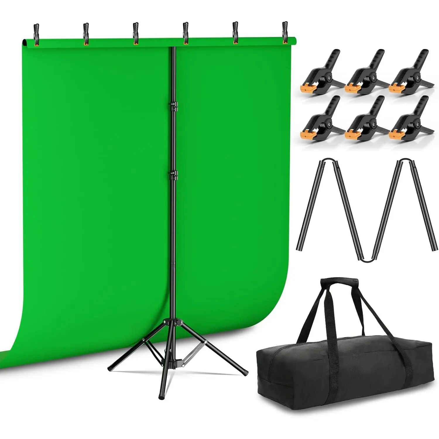 5x6.5ft Size Chroma Key Green Screen Backdrop Kit, Photography Equipment with Reverse Folding Portable Base, T-Shape Stand, 6 Clamps for Content Creators, Studio Video Recording, Streaming