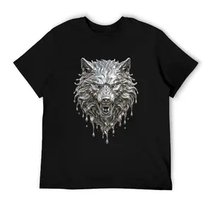 Cool Snarling Wolf Shirt Front Facing 3D Liquid Metal Chrome Silver Graphic Tee Dripping Cyberpunk Streetwear Biker Gifts for Men Him