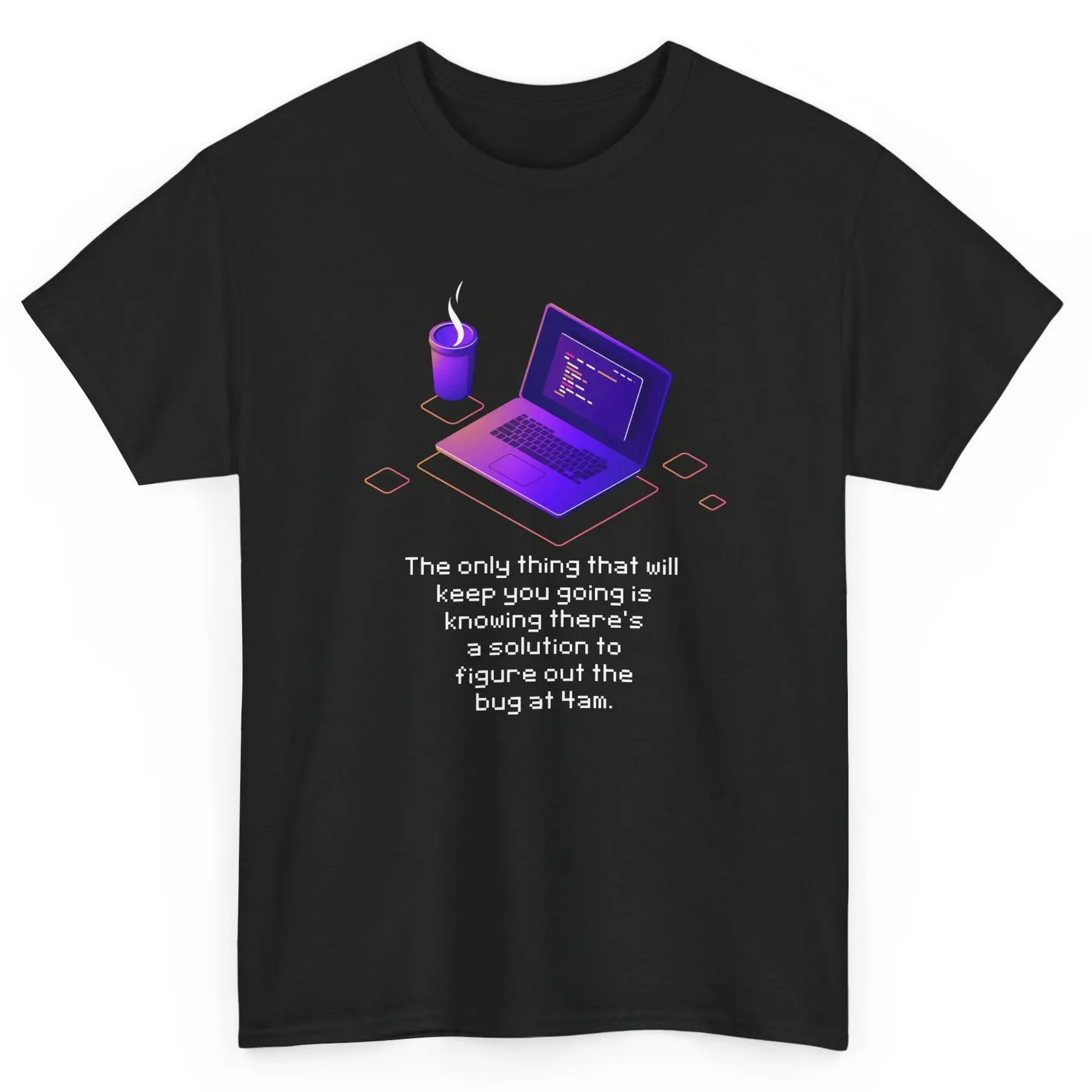 4AM Bug Fix Programmer T‑Shirt, Late Night Coding Neon Laptop Coffee Graphic Tee, Casual Short Sleeve Top for Software Developers & Night Shift Coders