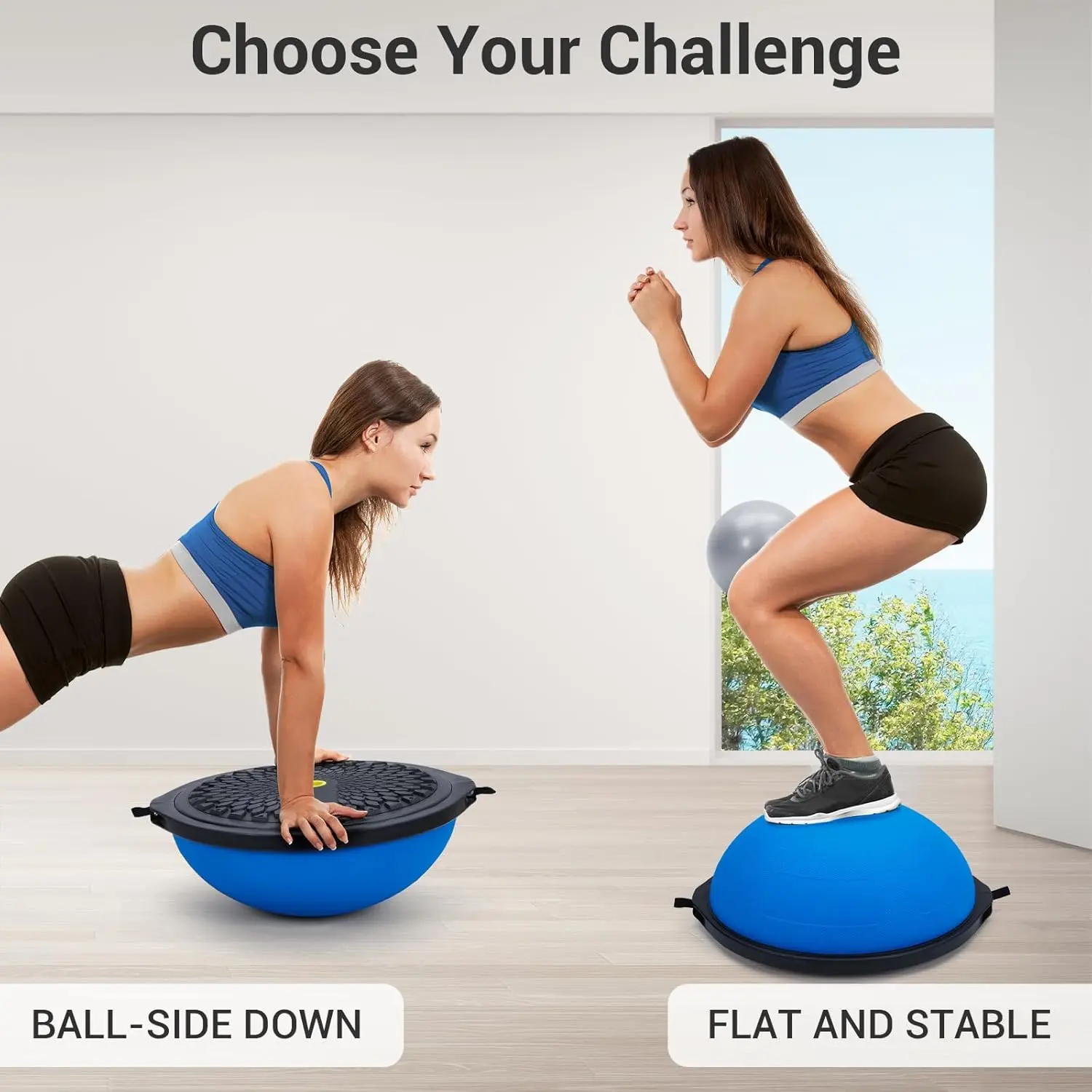 25-Inch Half Balance Ball Trainer, 1600Lbs Capacity Inflatable Stability Yoga Ball Set with Non-Slip Base, 2 Resistance Bands, Foot Pump & Extra Ball for Home Gym Pilates