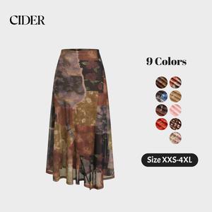 Cider Mesh Mid Rise Abstract Graphic Floral Asymmetrical Hem Maxi Skirt