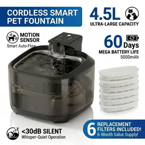 4.5L Wireless Pet Water Fountain 5000mAh Battery, Smart Infrared Sensor Cat Dispenser with 6 Filters, Ultra-Quiet Plastic Dog Bowl for Multi-Pet Home, Power Outage & Travel Care