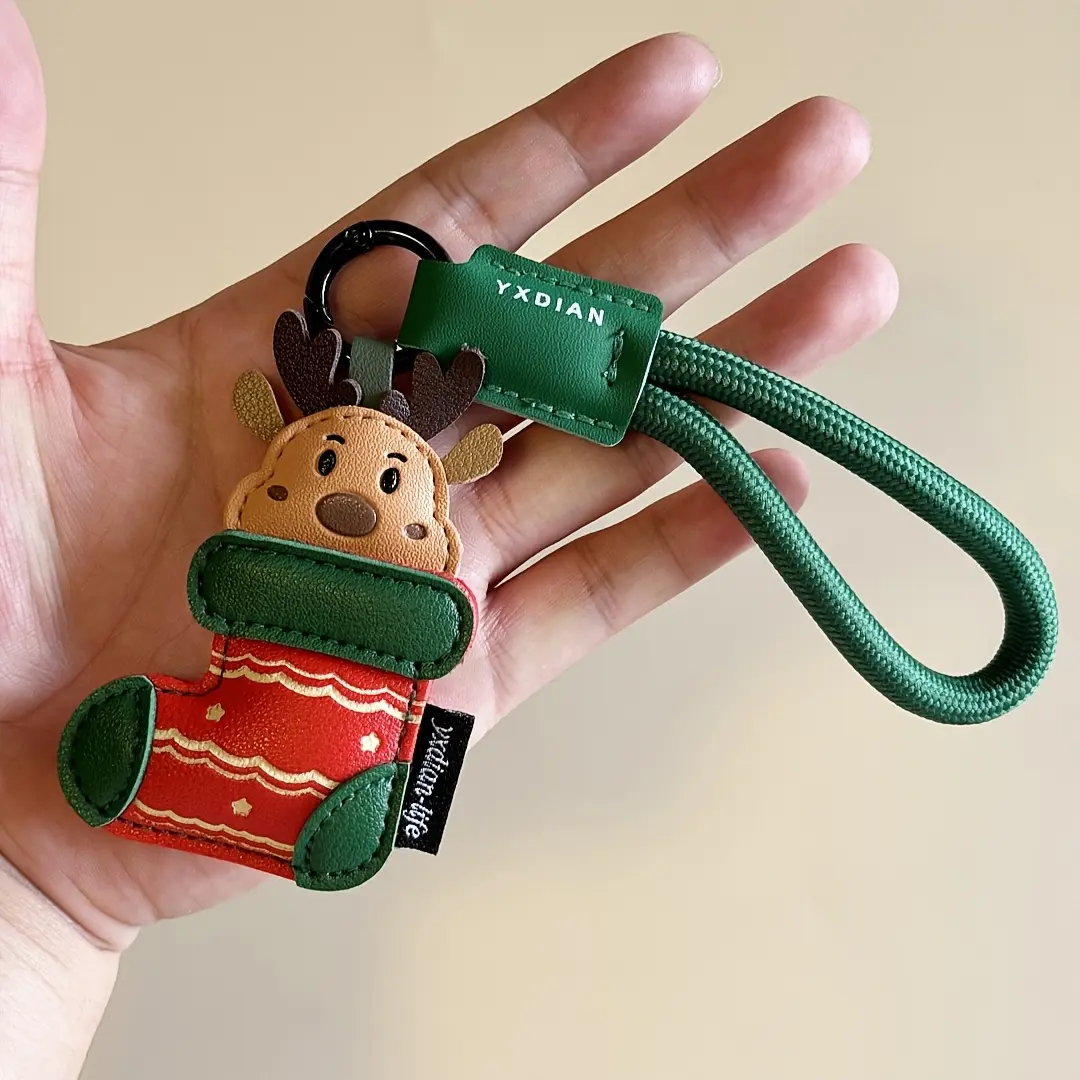 1/10pcs Elegant Christmas Keychain - Santa Claus or Deer with Green Strap, Leather material Holiday Key Ring, Detachable Bag Charm & Car Keychain for Women/Men - Christmas Gifts, Valentine's Presents - Playful Accessory