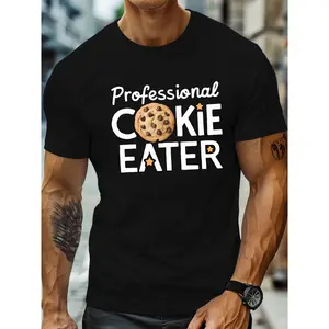 Men's Plus Size Professional Cookie Eater Graphic T-Shirt - Funny Cookie Crumb, Casual Round Neck Short Sleeve Tee for Big & Tall, Machine Washable Cookie Eater Print Top for Year-Round Wear