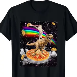 Cat Riding Dinosaur Trendy Graphic Cotton T-Shirt For Men, Summer Casual Crew Neck Outfit Ideal Holiday Gift