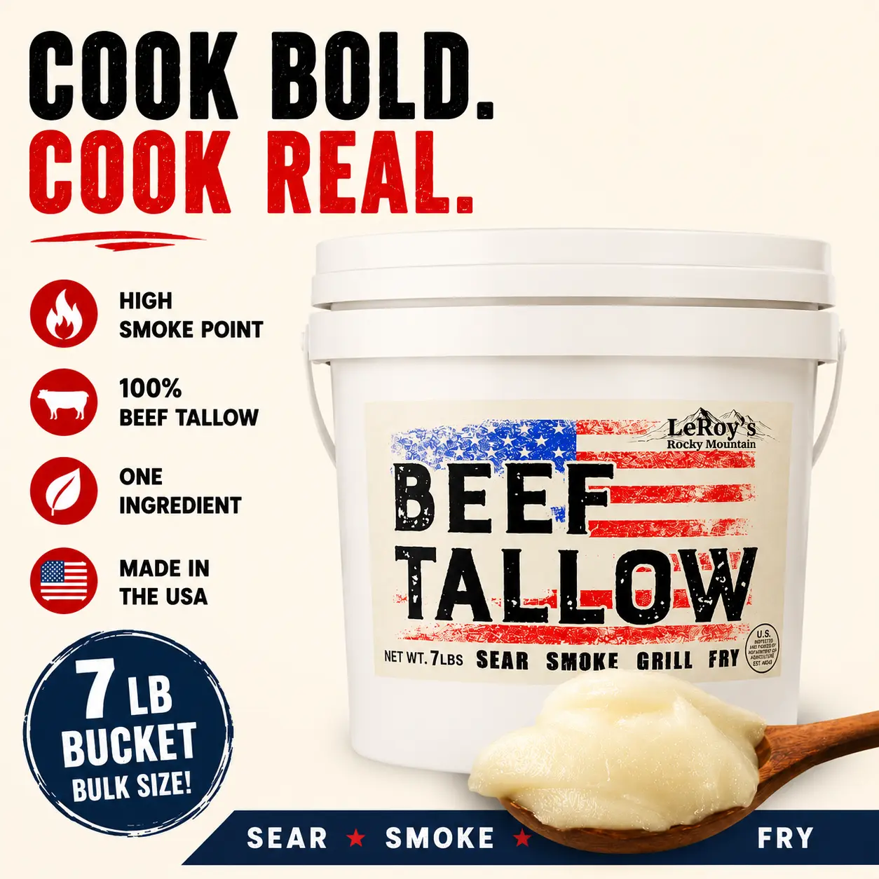 LeRoy's Rocky Mountain Beef Tallow for Cooking, 7 lb Bucket | 100% American Beef Tallow | High Smoke Point for Sear, Smoke, Grill & Fry | Natural, No Additives | May Soften During Shipping, Solidifies when cooled in refrigerator