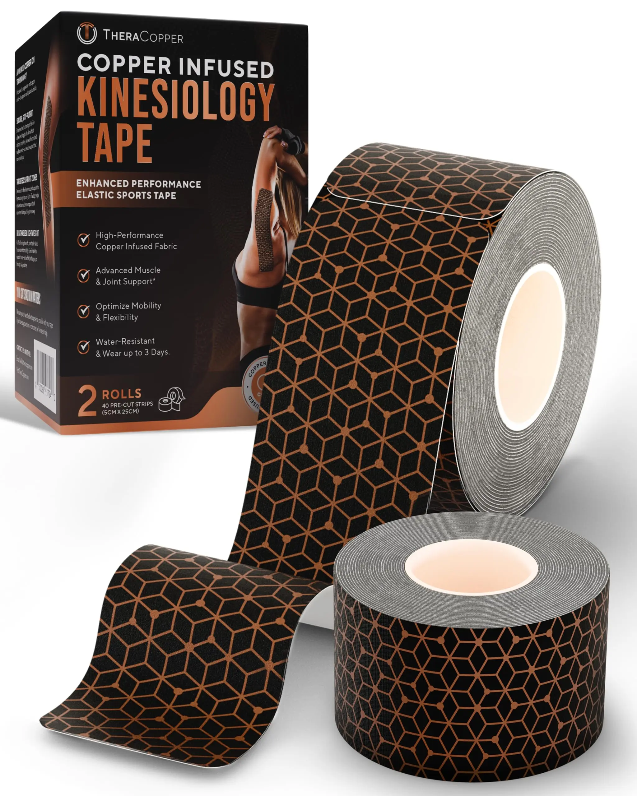 TheraCopper Copper Infused Kinesiology Tape – 2 Rolls (40 Precut Strips) – Advanced Waterproof Kinesiology Tape for Shoulder, Elbow, Bowling Wrist, Weightlifting, Muscle Strain & Joint Support