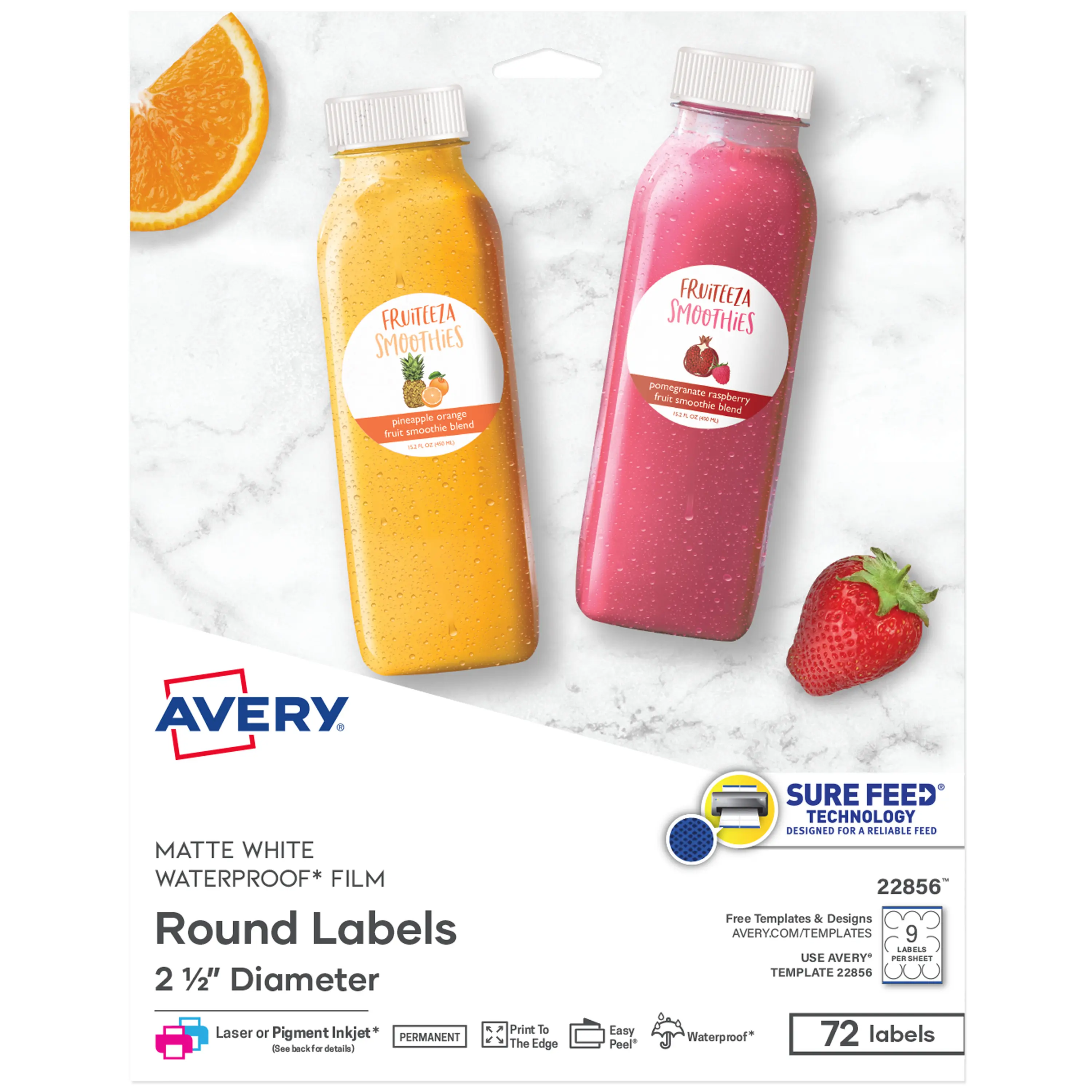 Avery Durable Waterproof Round Labels with Sure Feed Technology, 2.5" Diameter, White, Laser & Pigment-Inkjet Compatible, 72 Blank Labels Total (22856)