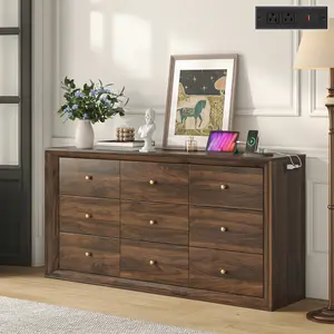 Mid-Century Modern 9-Drawer Wood Dresser with Beveled Edge Design, Wide Storage Chest for Bedroom or Living Room