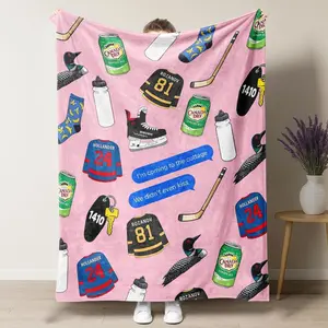 Hammer Heated Flannel Blanket - Pink Hockey & Loon Collage Theme, Flannel Weave, Soft Lightweight, Ultra-Soft for Drama Hockey Fans, Rozanov & Hollander Booktok Merch, Ideal for Home & Office, Soft Lightweight Blanket