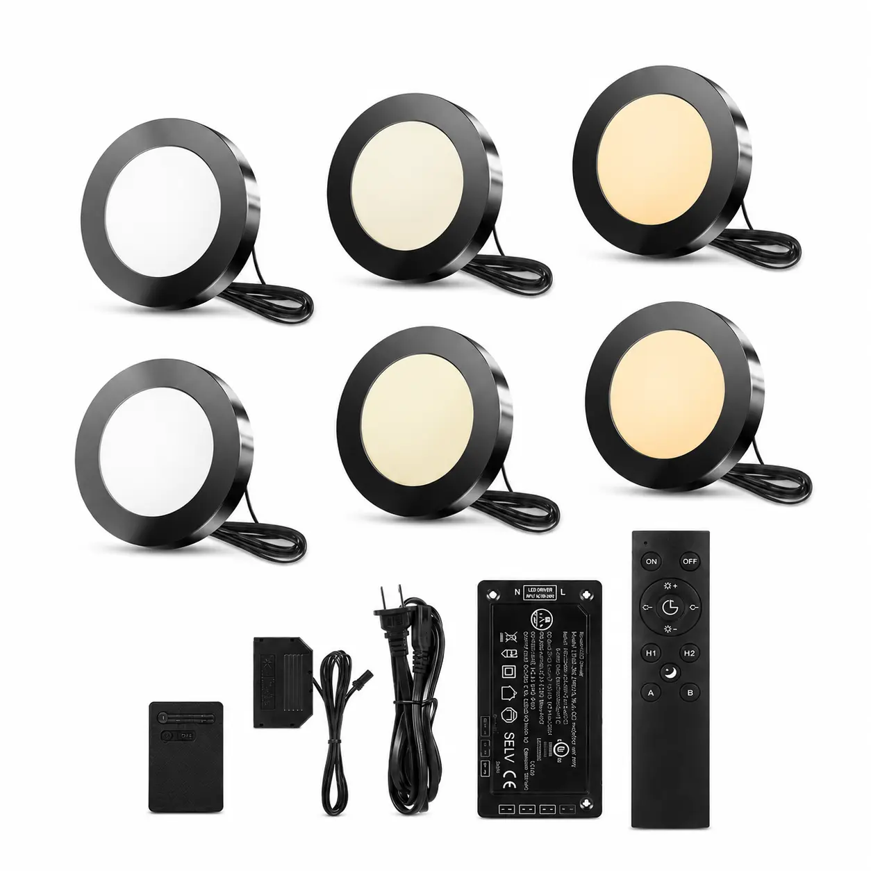 Black Anodized Smart Puck Lights (6-Kit Pack), 1.8W 10mm Thin 12V DC Power Supply Dimmable (3000K-6000K), App & Remote Control, Alexa & Google Home Compatible, Recessed/Surface Mount Indoor Lighting for Wardrobe, Cabinet Lighting Solutions, Book Lights