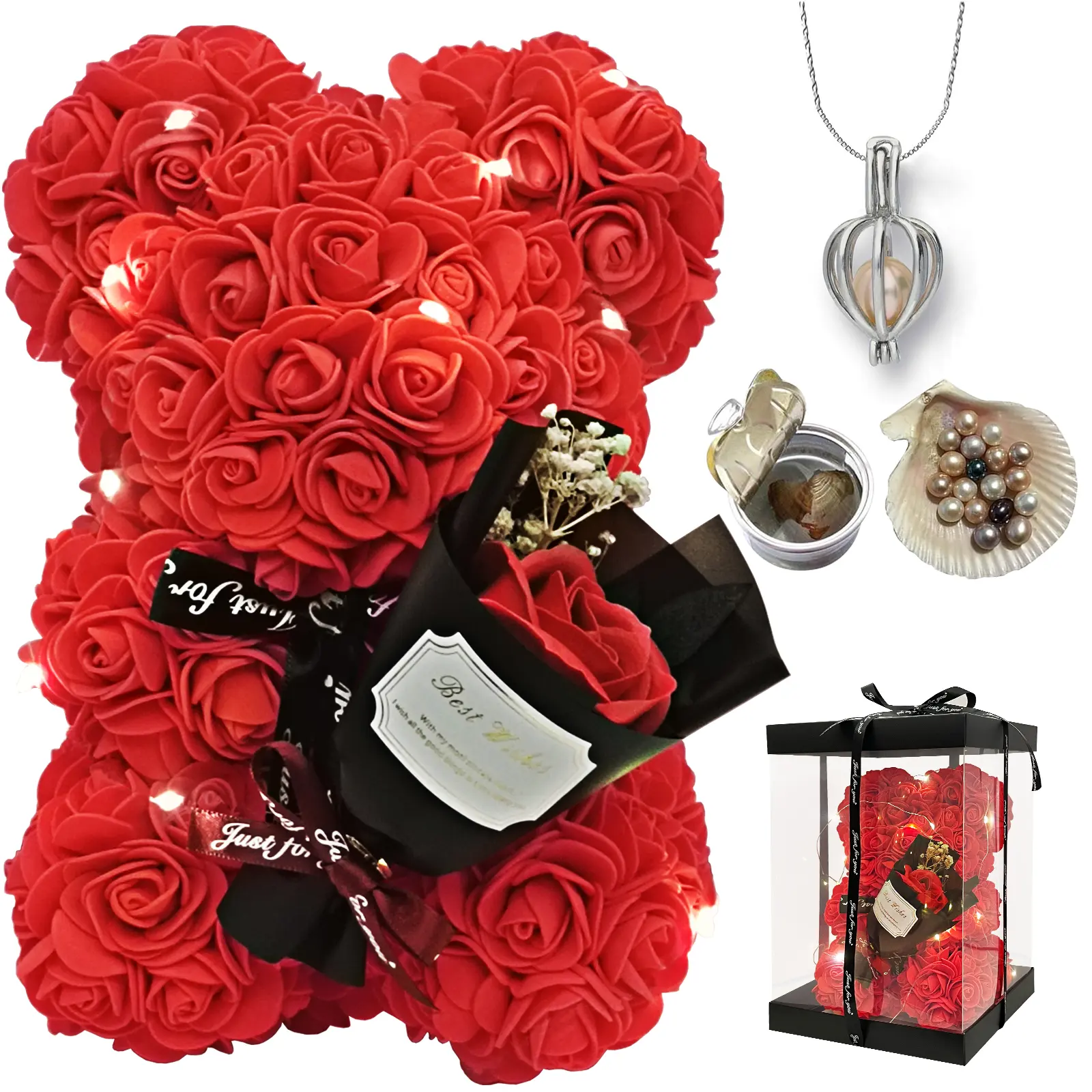 Rose Teddy Bear Birthday Gift For Her, Wife, Girlfriend,  Mom, Grandma, Women  Red Rose Flower Teddy Bear Blind Box Pearl Necklace For Valentine’s Day Gift, Back to School Holiday Gifts For Wedding Anniversary Home Decor