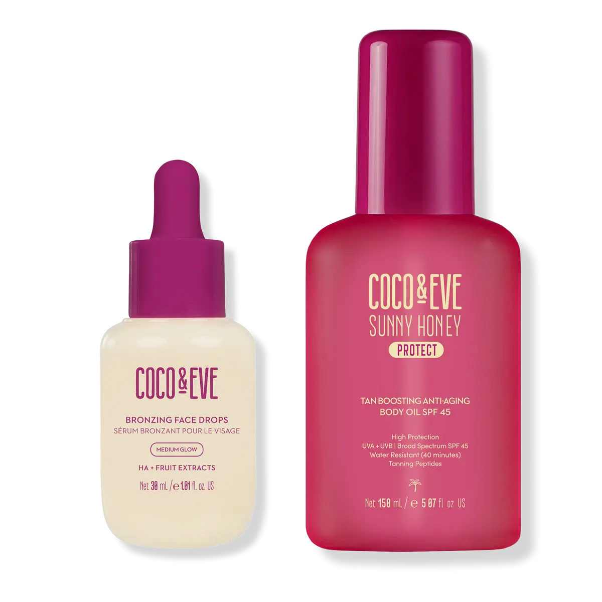 Coco & Eve Bronzing Set: Medium Glow Face Drops + Anti-Aging Body Oil Spf45 Coco & Eve Bronzing Set: Medium Glow Face Drops + Anti-Aging Body Oil Spf45