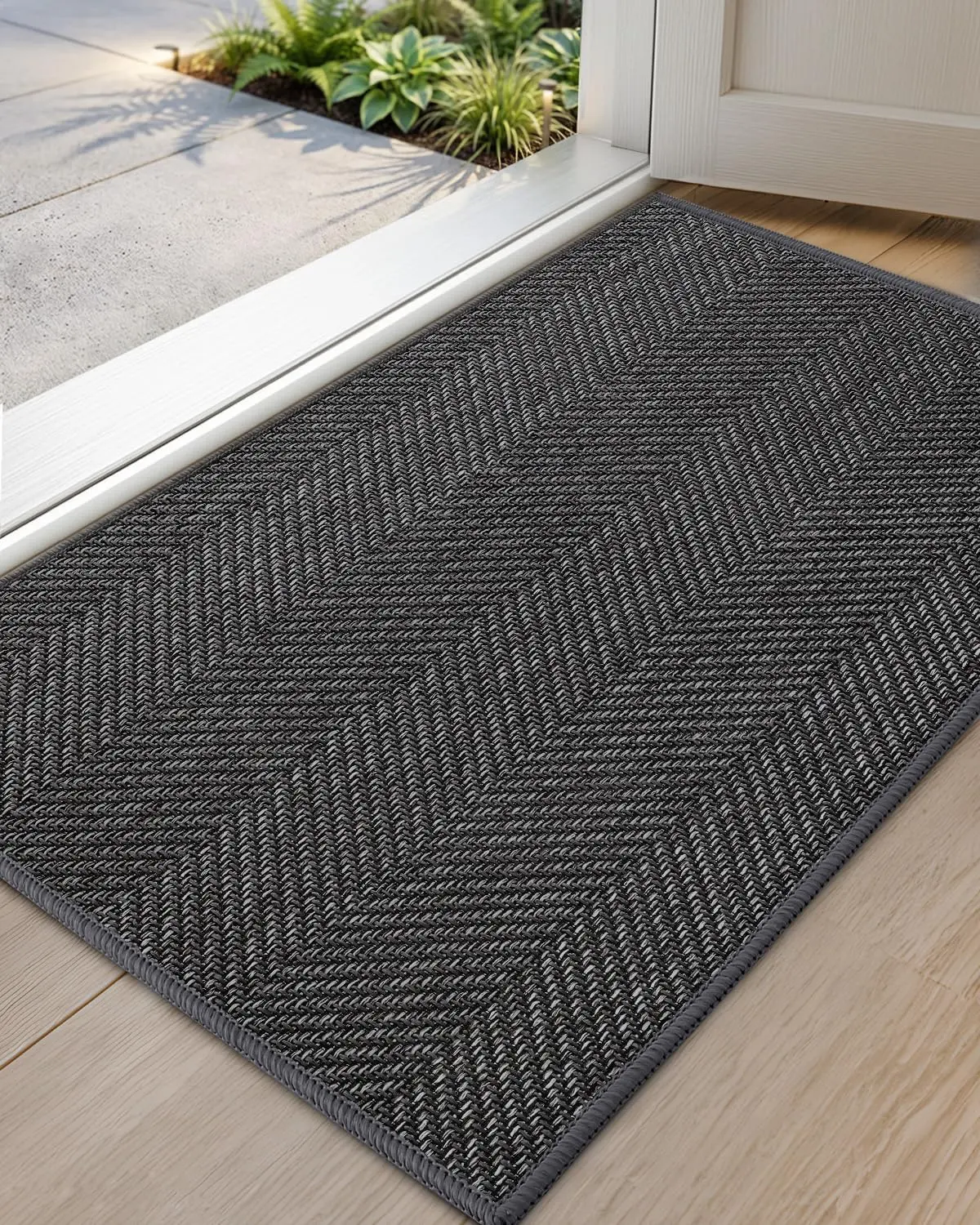 Anti-Slip Border Door Mat - Ultra Thin Low-Profile, Woven Textured Fabric, Absorbent Nonslip, Geo Pattern, Non-Slip Scratch-Resistant Machine Washable, Foldable, Lockstitched Edge, Traditional Look for Entryways, Indoor/Outdoor Use, Textured Doormats, Wov