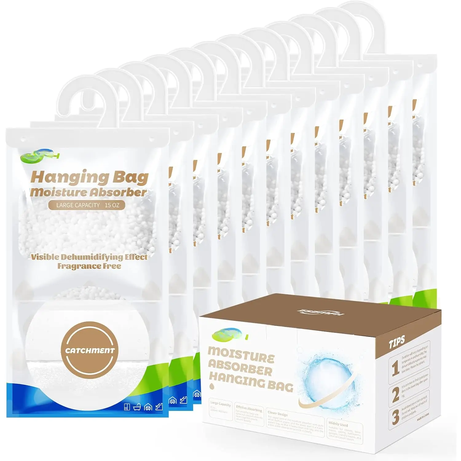 12 Pack  Absorber Hanging Bags,  Free Humidity Packs, 15 OZ Dehumidifier Bags Effectively  Extra ,Hanging Closet Dehumidifier Bags-425g/pack