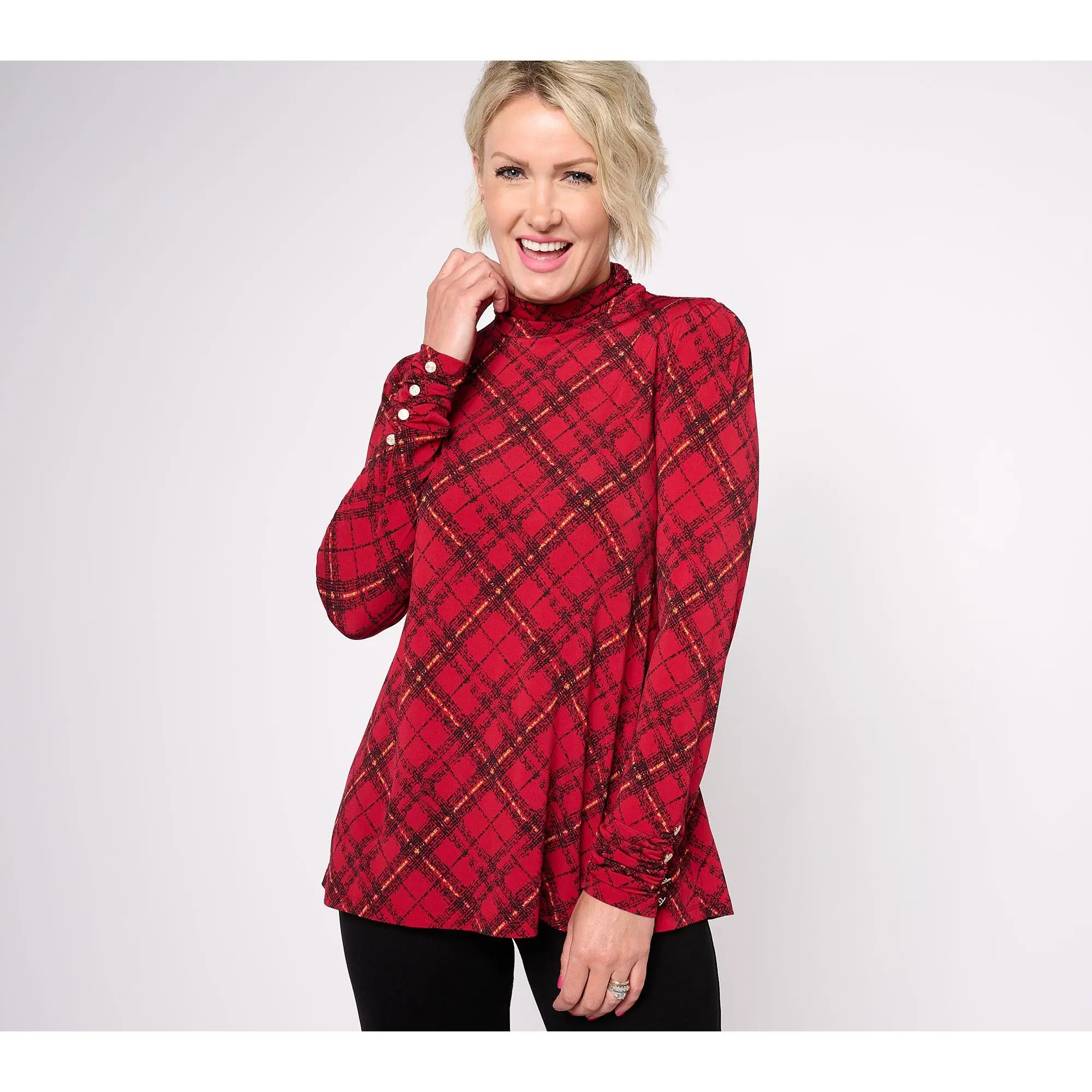 Susan Graver Printed Liquid Knit Mock-Neck A-Line Top Button Trim