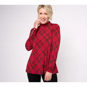 Susan Graver Printed Liquid Knit Mock-Neck A-Line Top Button Trim