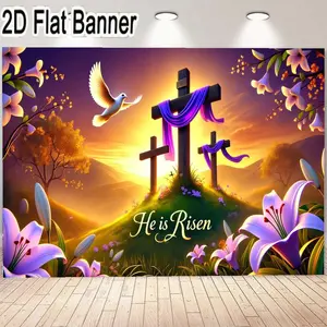 2D banner, 1pc sunset landscape banner with three wooden crosses draped in purple cloths, featuring a white dove in flight, vibrant purple lilies and delicate flowers, perfect for Easter celebrations, spiritual gatherings, Wall hanging backdrop