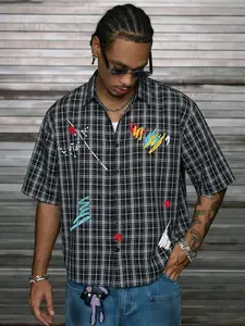 American Graffiti Embroidered Plaid Checked Short Sleeve Shirt, Street Style Loose Fit Turn-Down Collar Top, Casual Fitted Blouse for Men, Menswear, Streetwear