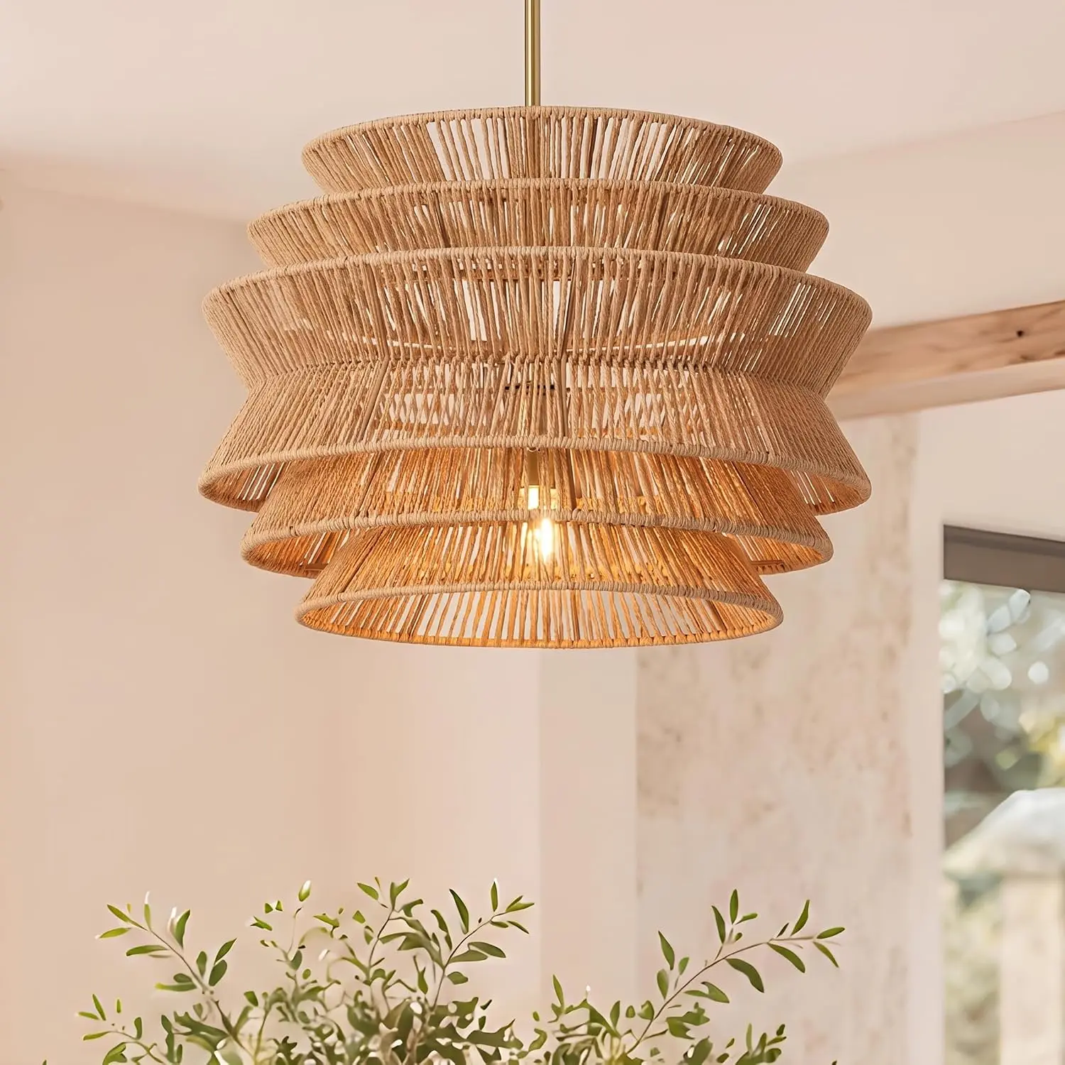 17.3" Rattan Chandelier, Hand-Woven Boho Pendant Light with Gold Iron Base, 3-Tier Wave Basket Hanging Ceiling Light, Modern Farmhouse Drop Light Fixture for Dining Room, Kitchen Island, Bedroom