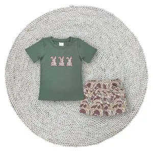Boys Kids Baby Easter Rabbits Embroidery Short Sleeve Green Cotton Tops Shirt Camouflage Shorts Outfits Sets