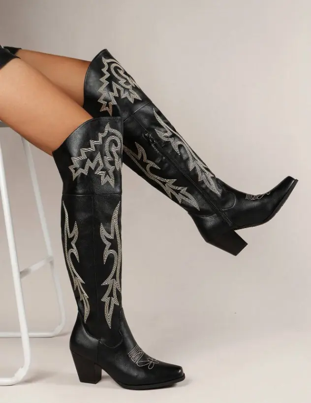 Perfect With Cardigan , Fashion Square Toe Chunky Heel Cowgirl Boots, Embroidered Western Retro Over-The-Knee Vacation Boots