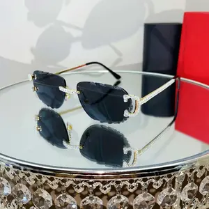 Luxury Rimless Round Cut Sunglasses Black Lens Gold Frame High Quality Diamond Rhinestone Shiny UV400 Sun Glasses Unisex Fashion Accessories