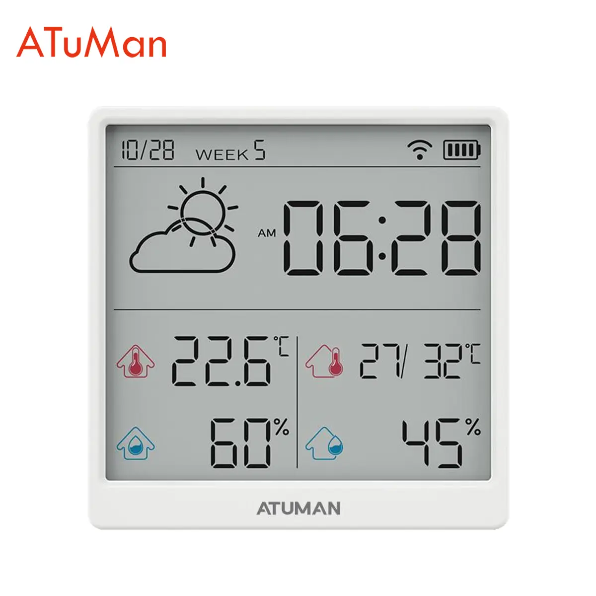 ATUMAN TH3 Smart WiFi Thermo-Hygrometer with Auto Weather Sync, Real-Time Dual Monitoring, Type-C Rechargeable & Wall-Mount Design