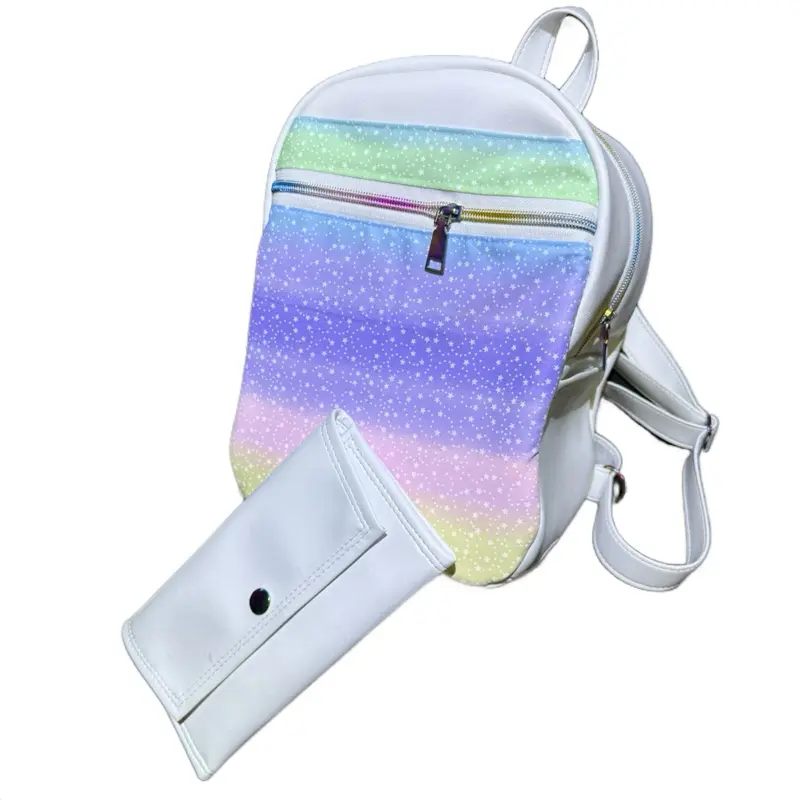 White Rainbow Backpack and Wallet with Colorful Stripe Design and Zipper Closure