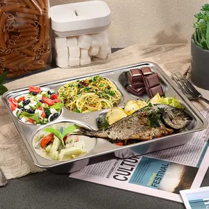 4pcs Deep Plate Set, Stainless Steel Divided Rectangular Portion Control Plates, 5 Compartments Metal Food Tray for Lunch Dinner Camping