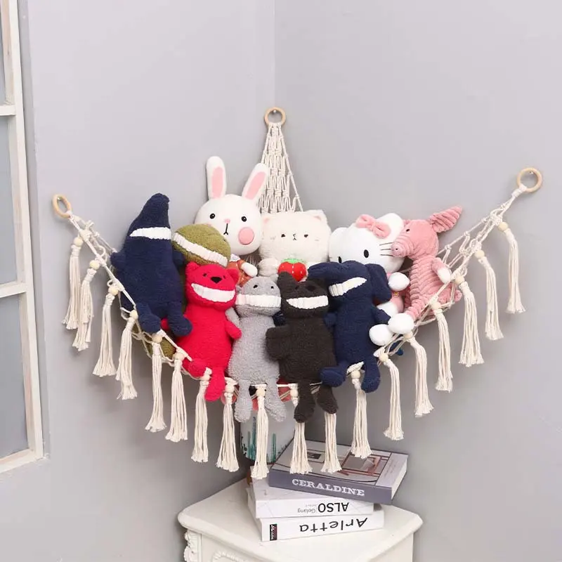 Furry Animal Toy Storage Hammock | Large Fringe Plush Toy Corner Organizer Decoration - Cute Hanging Fleece Net For Nurseryor, Polyester Material, Bohemian Style Plush Toy Storage Net Hammock, Large Furry Toy Storage Bag