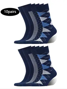 Men's High-Top Socks Set, Plain Color & Plaid Design, Business Casual All Season Wear, Blue Long Tube Socks