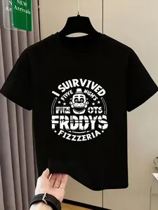Boy And Girl Summer New Short-Sleeved Round-Neck Funny Graphic Tee "I Survived Five Nights At Freddy's" Print Top, Trendy And Unique Casual And Fashionable Daily Outdoor Versatile, Ideal Gift Choice, Graphic Shirts, Graphic Printed Shirt