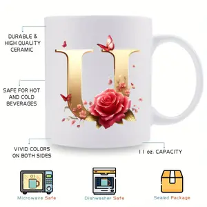 Bpa Free 11oz Ceramic Mug with Alphabet Floral Pattern Microwave Safe Portable Wide Mouth Suitable for Celebrations and Events