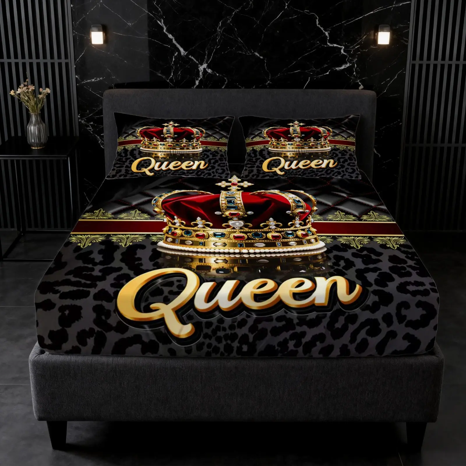Queen Crown Leopard Print Fitted Sheet Set, Bedsheet Set, 3-Piece (1 Sheet + 2 Pillowcases, No Inserts), Bedding Sheets, Luxe Style, Breathable Deep Pocket, Soft Wrinkle-Resistant Fabric, Great for Bedroom Decor & Gifting