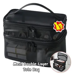 1pc mesh double-layer tote bag, minimalist design, multifunctional toiletry bag, toiletries travel bag, large-capacity travel storage bag, portable storage bag, layered makeup organizer bag, Waterproof cosmetic bags, Travel Essentials Bag