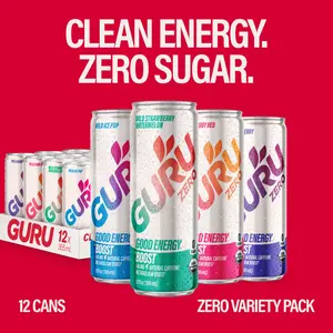 GURU ZERO SUGAR Organic Energy Drinks Variety Pack, Clean Energy Beverage with Plant Based Natural Caffeine from Green Tea, Coconut Water, Prebiotic, Zero Added sugars, Gluten Free and Vegan, Pre Workout, Healthy Drinks, 12oz (Pack of 12)
