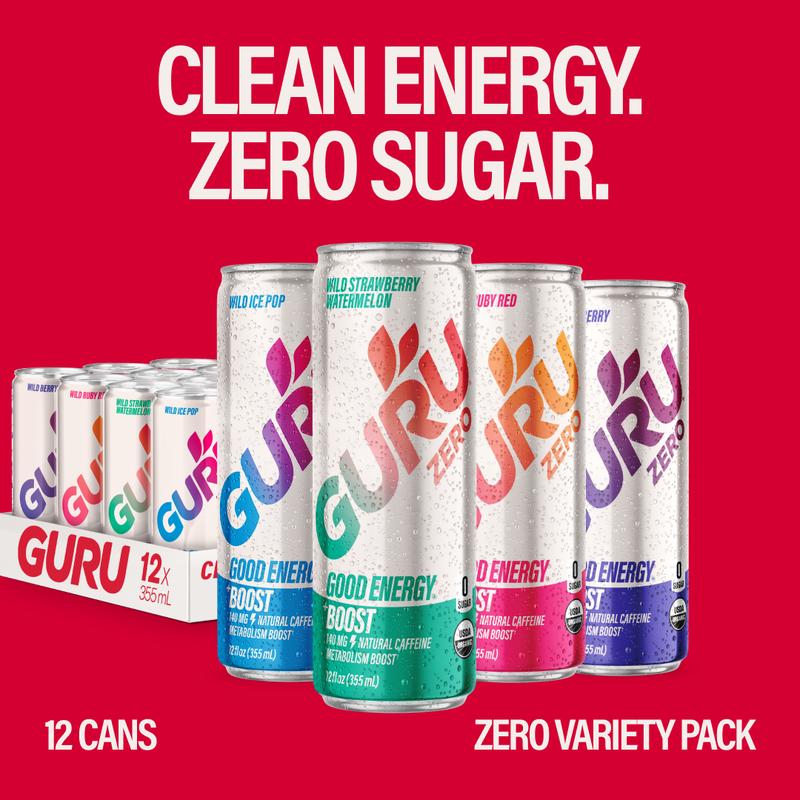 GURU ZERO SUGAR Organic Energy Drinks Variety Pack, Clean Energy Beverage with Plant Based Natural Caffeine from Green Tea, Coconut Water, Prebiotic, Zero Added sugars, Gluten Free and Vegan, Pre Workout, Healthy Drinks, 12oz (Pack of 12)