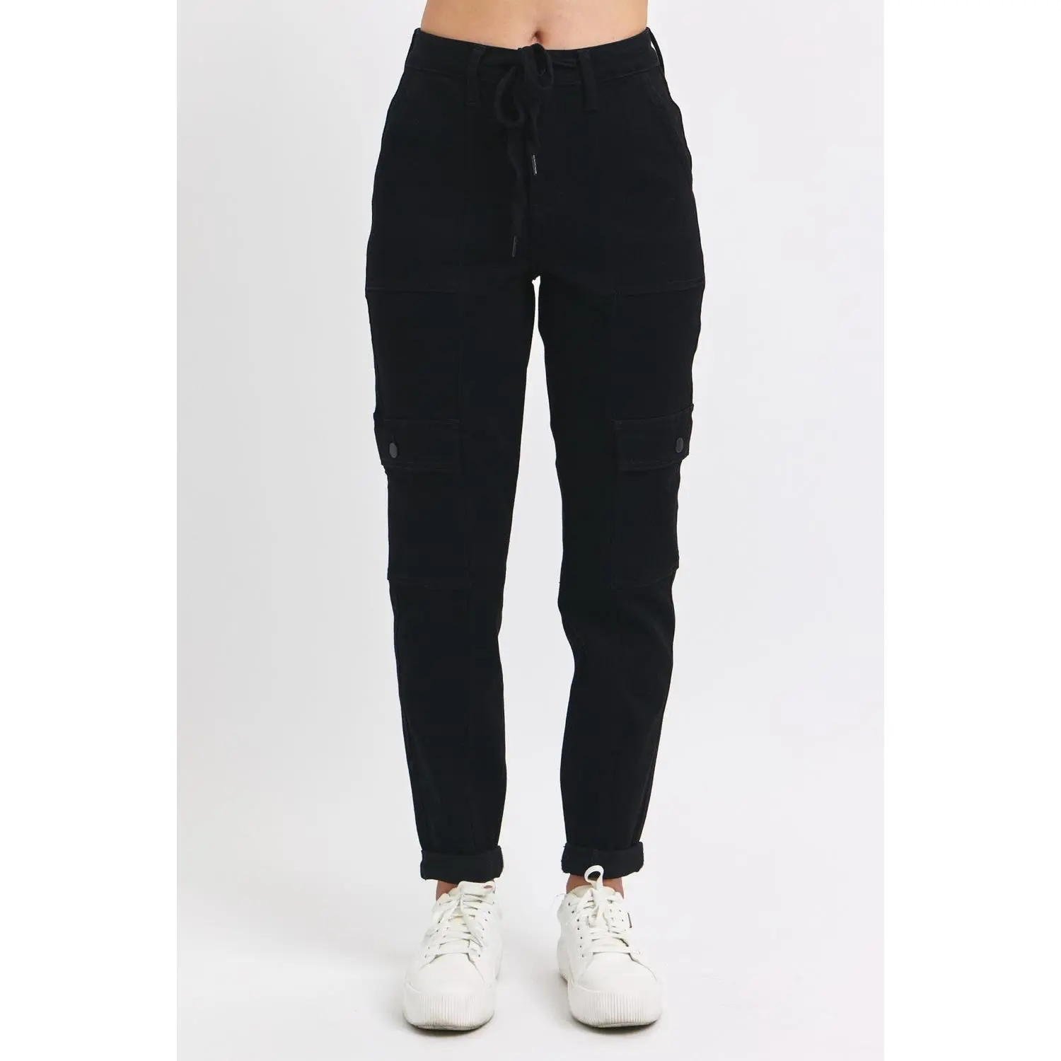 Judy Blue Women's Black High Waist Cargo Jogger Jeans - Casual Soft Stretch Denim with Pockets & Adjustable Cuffed Hem, Style, Love, Relaxed Leg, Bottoms, Cuffed Jeans, Multi-Size, 14W, All Seasons, 16W, Cargo Pants, 18W, Spandex, Relaxed Legs, Elastane,
