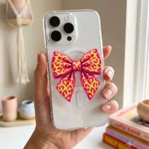 Girly Leopard Bow MagSafe Phone Grip - Cute Pop Socket for iPhone & Kindle - Magnetic Grip & Kickstand
