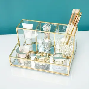 1 piece desktop makeup storage box for eyebrow pencil, nail polish, nail art tools, dormitory use, glass & gold color.