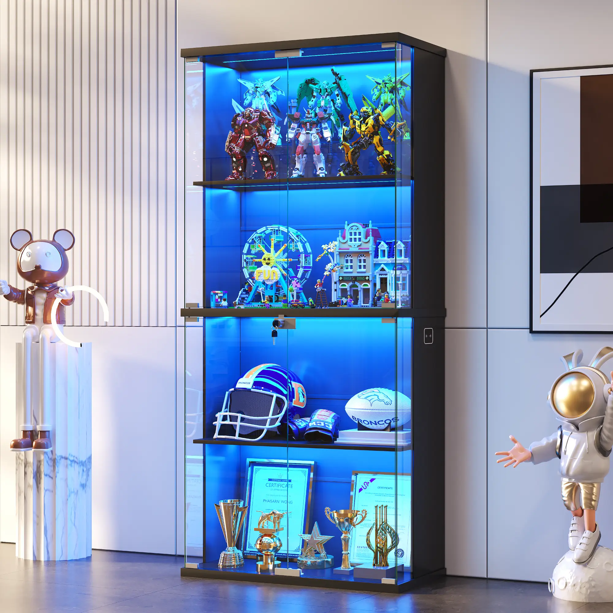 FREDEES Display Cabinet with Glass Doors,66' Curio Cabinet with Adjustable Shelf and Lockable,4-Tier Bookcase with 3 Color Lights for Collectibles,Storage Cabinets with Human Body for Books,Toys