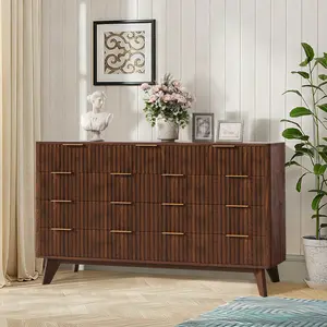 54" Wide 9-Drawer Wooden Dresser with Fluted Wave Pattern, Metal Handles & Curved Front – Modern TV Stand & Chest of Drawers for Bedroom, Living Room, Entryway