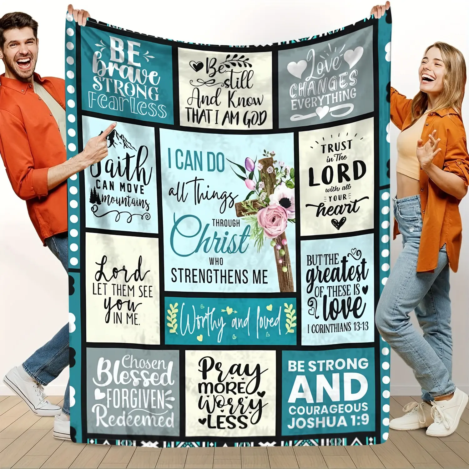 Christian Bible Verse Patchwork Flannel Blanket - Flannel Fabric, Plush Finish, Soft Cozy Warm, Religious Theme, Inspirational Scripture, Multi-Size, Perfect Easter Birthday Gift for Believers, Home Relaxation Bedroom Decor, Soft Texture