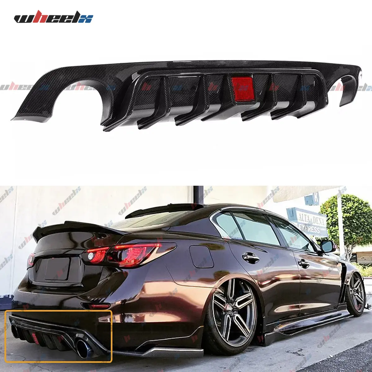 2014-2024 Infiniti Q50  All Models - Glossy Black Carbon Fiber Rear Bumper Diffuser Spoiler with LED Brake Light