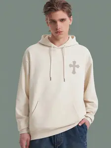 Custom Simple Cross Embroidered Hoodie Men Off White Loose Fit Casual Pullover with Hood and Drawstring