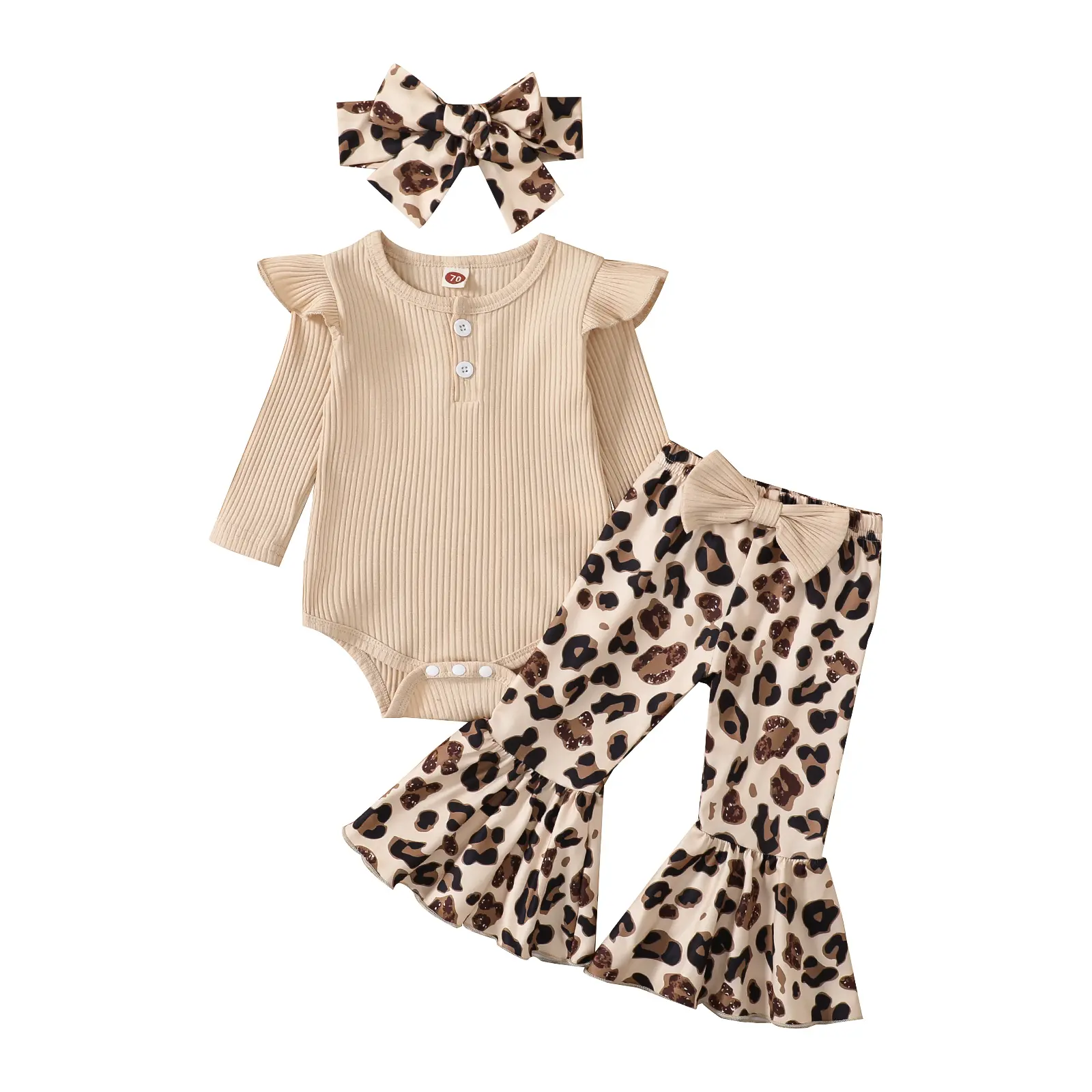 Newborn Baby Girl Clothes Set Ribbed Long Sleeve Ruffle Romper Bell-Bottom Pants Headband Set 3Pcs Fall Winter Outfits